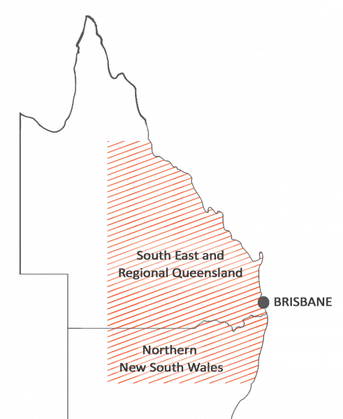 Map of Areas where we Service and Install Air Conditioning: Brisbane, South East and regional Queensland, and Northern New South Wales