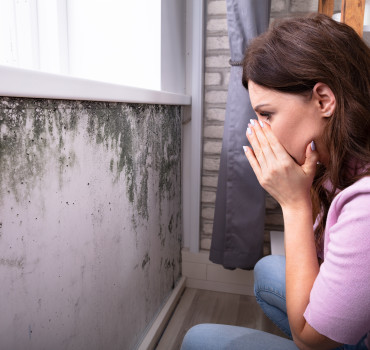 Side View Of A Shocked Young Woman Looking At Mould On Wall