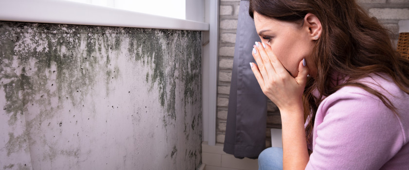 Side View Of A Shocked Young Woman Looking At Mould On Wall